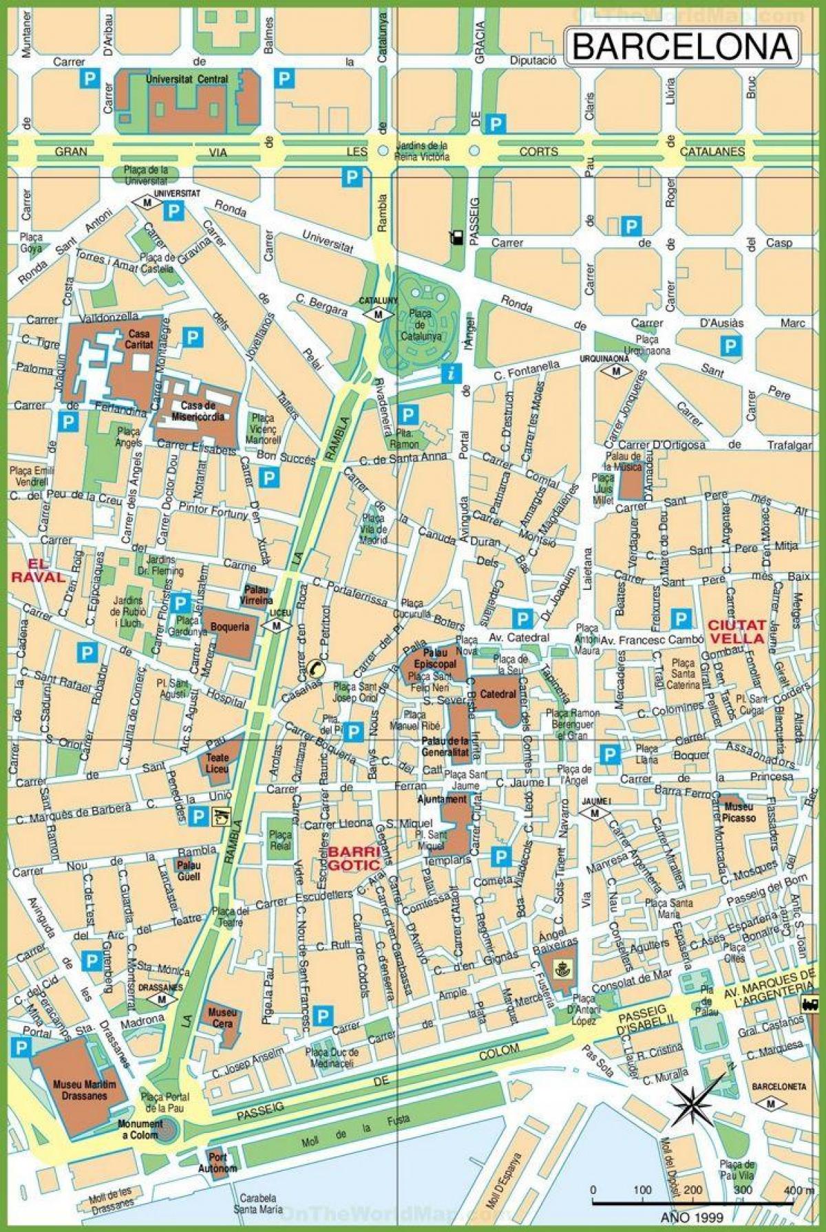 地图上的巴塞罗那市中心的街道