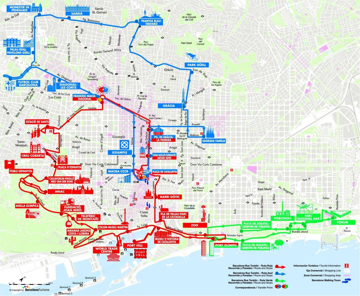巴塞罗那市的旅游巴士地图